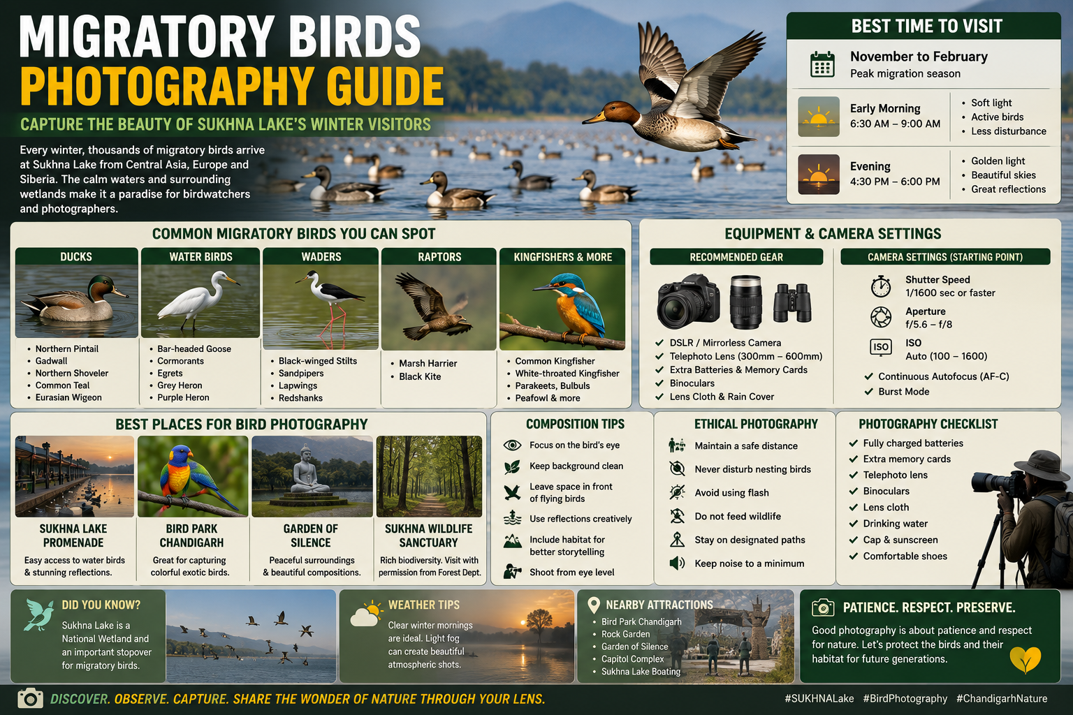 Migratory Birds Photography Guide: Capture the Beauty of Sukhna Lake’s Winter Visitors